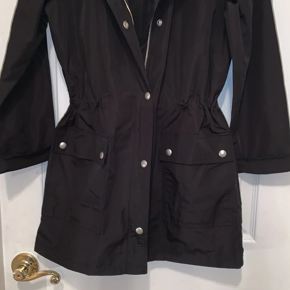 J. Crew Black Hooded Raincoat Drawstring Waist. Zip Snap Front Pockets. NWT - Picture 10 of 11